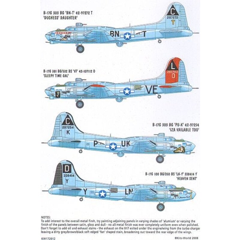 Boeing B-17F/Boeing B-17G Flying Fortress Aircraft ID/Squadron ID Lettering Black and White/Numbers Black/Bomb Group Symbols.