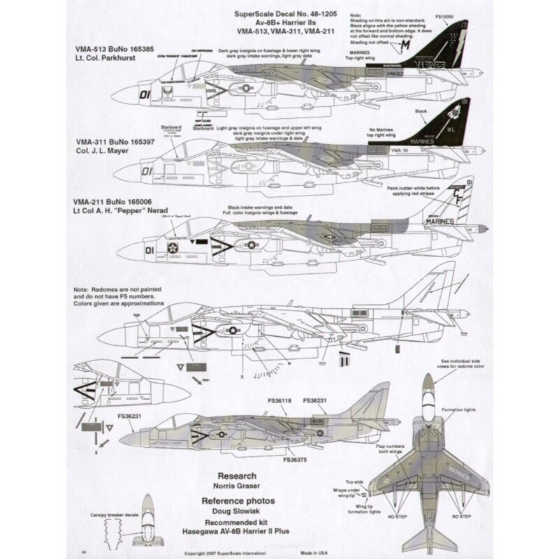 McDonnell Douglas AV-8B Harrier II (3) 165385 WF/01VMA-513 Lt Col Parkhurst Dk blue fin 165397 WL/01 VMA-311 Col. J.L.Mayer Blac