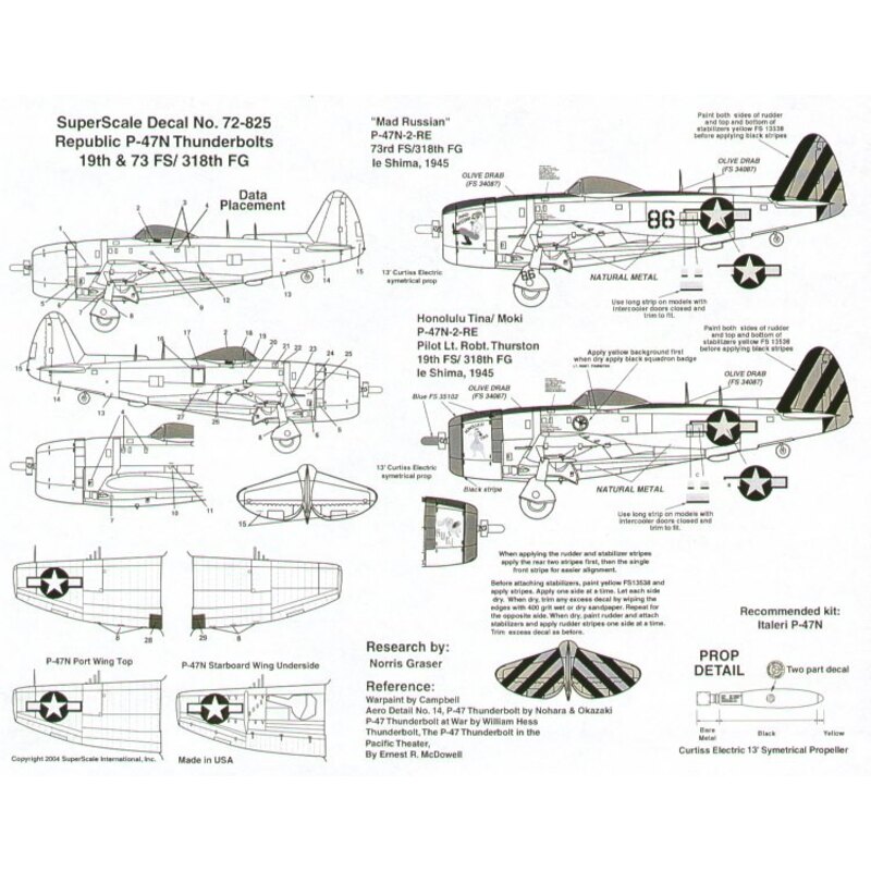 Republic P-47N Thunderbolt (2) No 86 73FS ′Mad Russian′ 19FS ′Honolulu Tina/Moki′ Lt Robt Thurston. Both 318FG yellow/black stri