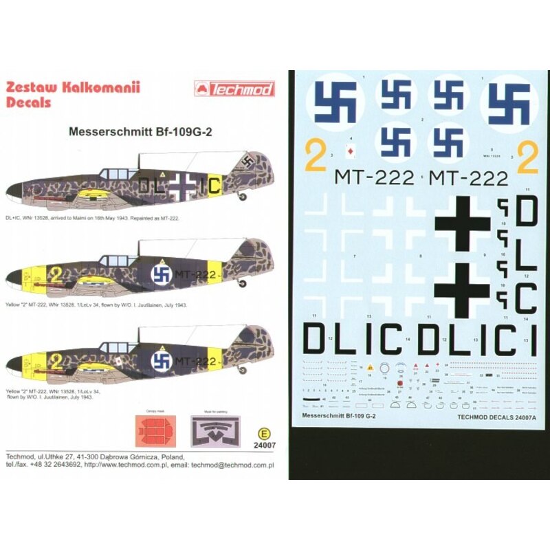 Messerschmitt Bf 109G-2 in Finnish service (3) DL+IC in delivery scheme and two versions as Yellow 2 MT-222 with 1/LeLv 34. Inc 