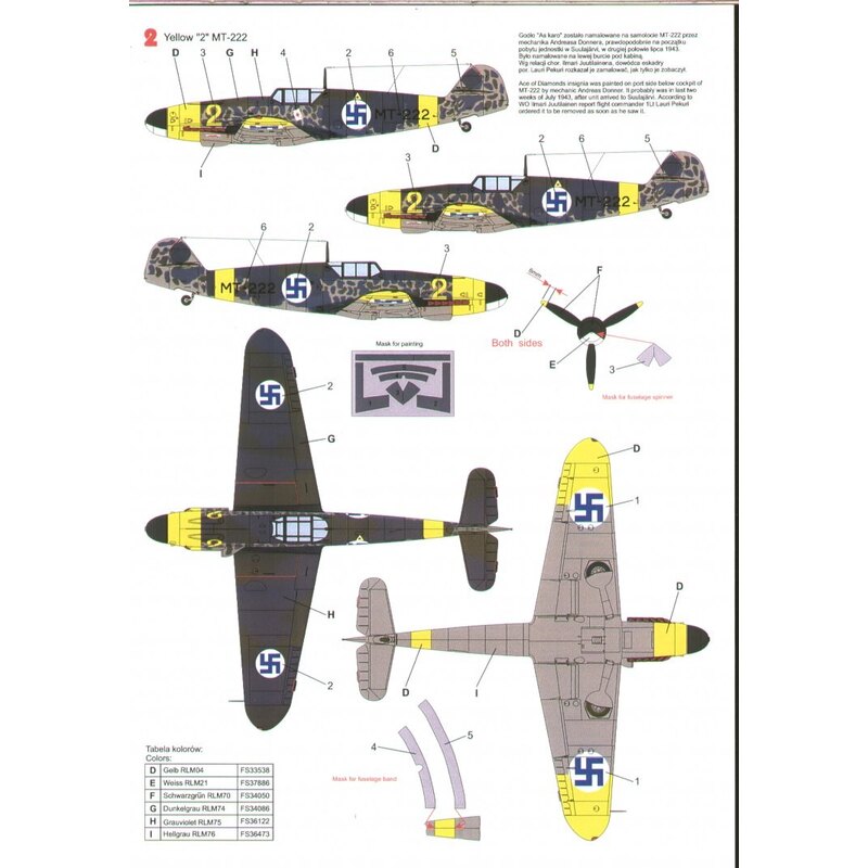 Messerschmitt Bf 109G-2 in Finnish service (3) DL+IC in delivery scheme and two versions as Yellow 2 MT-222 with 1/LeLv 34. Inc 