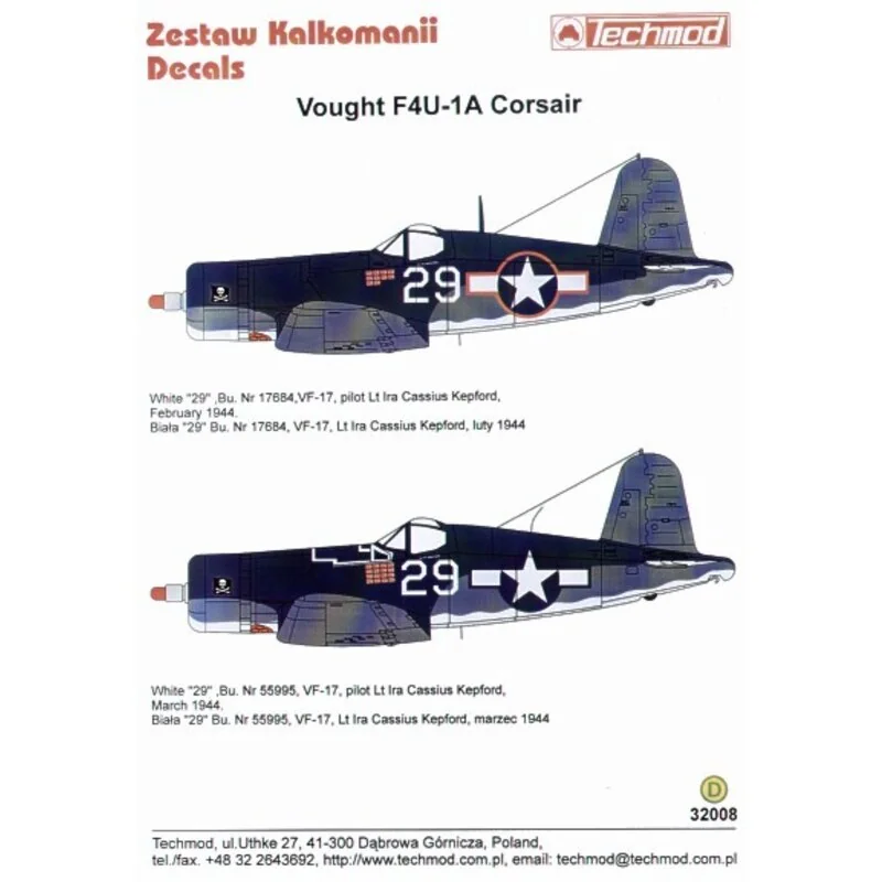 Vought F4U-1A Corsair (2) Both white 29 VF-17 Lt Ira KepFord with 3 tone camouflage. Bu 17684 with red outline national insignia