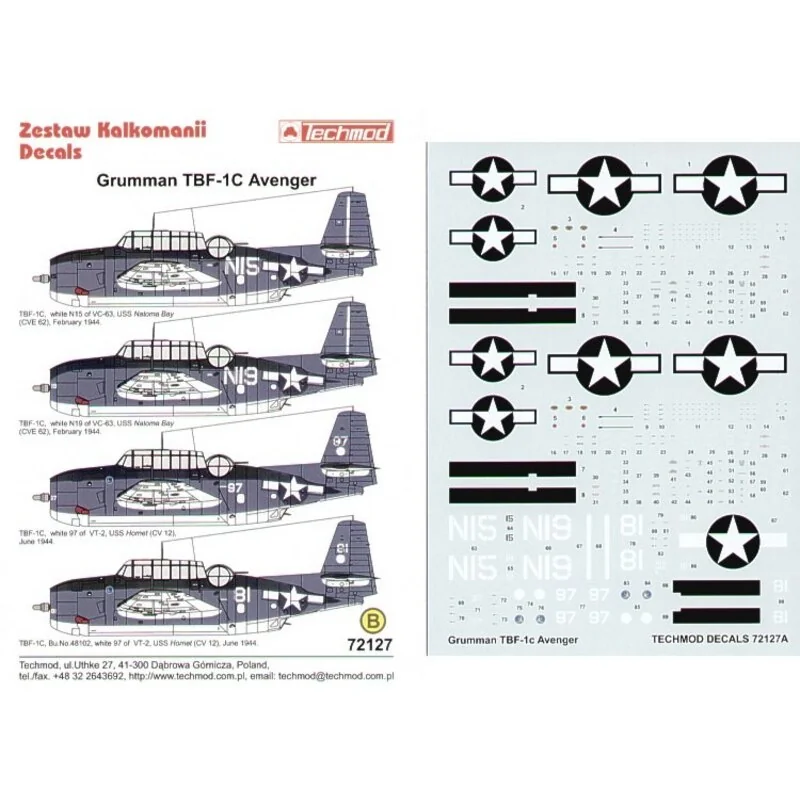 Grumman TBF-1C Avenger (4) N15 and N19 VC-63 USS Natoma Bay 1944 81 and 97 VT-2 USS Hornet 1944 All Sea Blue/Intermediate Blue/W