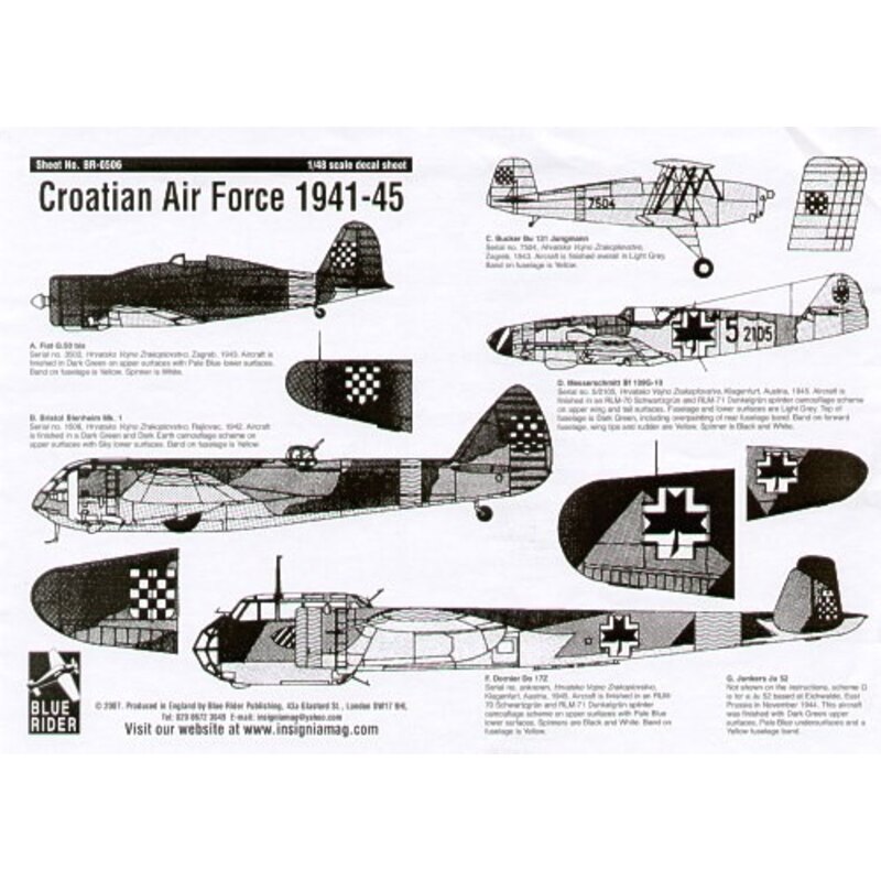 Croatian Air Force WWII Fiat G.50 bis Bristol Blenheim Bucker Bu 131 Messerschmitt Bf 109E & G-10 Dornier Do 17Z Junkers Ju 52/3