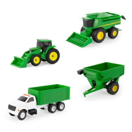 Set van 4 JOHN DEERE-voertuigen - Tractor met oogstmachine en vrachtwagenaccessoires