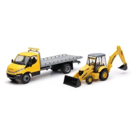 IVECO voertuigtransportwagen met B110C NEW HOLLAND graaflaadmachine Miniatuurr 