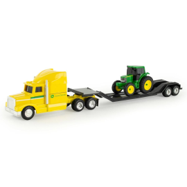 Gele 6x4 vrachtwagen met uitrustingsdrager en JOHN DEERE trekker Miniatuurr 