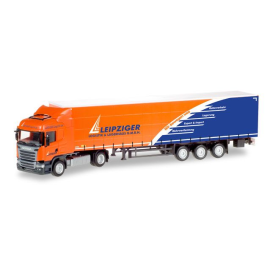 SCANIA R13 HL 4x2 met half overdekte 3 assen transport Leipziger Miniatuurr 