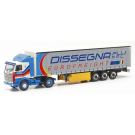 SCANIA 142 4x2 met DISSEGNA 3-assige schuifzeiloplegger Miniatuurr 