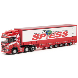 SCANIA CR 20 HD 6x2 met SPIESS 5-assige diepladeraanhangwagen Miniatuurr 