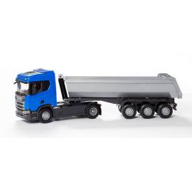 SCANIA R500 4x2 blauw met 3 assige kipper Miniatuurr 