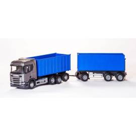 SCANIA R500 grijze 8x4 haakarmdrager met haakarmtrailer 1+2 Assen Miniatuurr 