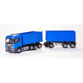 SCANIA R500 blauwe haakarmdrager 8x4 met haakroltrailer 1+2 Assen Miniatuurr 