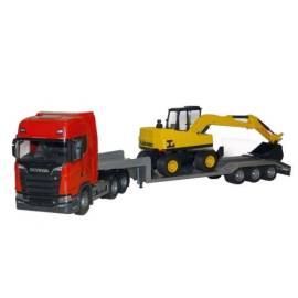 SCANIA S 6x4 rood met 3-assige machinedrager en LANNEN graafmachine Miniatuurr 