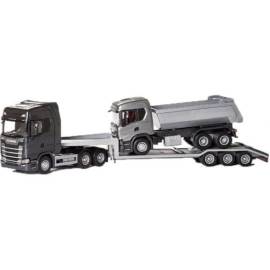 SCANIA S 6x4 zwart met 3-assige machinedrager en SCANIA G500 6x4 Miniatuurr 