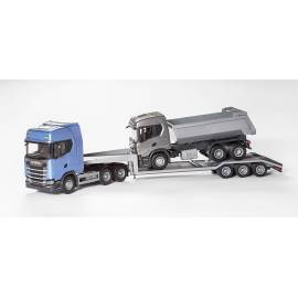 SCANIA S 6x4 blauw met 3-assige uitrustingsdrager en SCANIA G500 6x4 Miniatuurr 