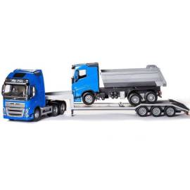 VOLVO FH16 6x4 blauw met 3 assige transporteur en 6x4 kiepwagen Miniatuurr 