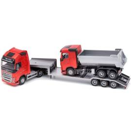 VOLVO FH16 6x4 rood met 3-assige uitrustingsdrager en 6x4 kiepwagen Miniatuurr 