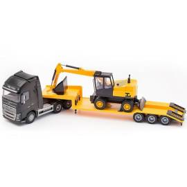 VOLVO FH16 6x4 zwart met 3 assige drager en LANNEN graafmachine Miniatuurr 