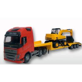 VOLVO FH16 6x4 rood met 3 assige drager en LANNEN graafmachine Miniatuurr 