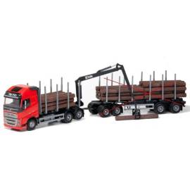 VOLVO FH16 6x4 rood met dolly en 2 assige aanhanger voor houttransport Miniatuurr 