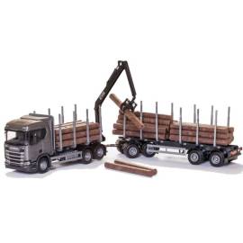 SCANIA R450 6x4 grijs met dolly en 2-assige aanhanger voor houttransport Miniatuurr 