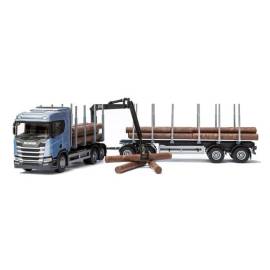 SCANIA R450 6x4 blauw met dolly en 2 assige aanhanger voor houttransport Miniatuurr 