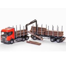 SCANIA R450 6x4 rood met dolly en 2-assige houttransportaanhanger Miniatuurr 