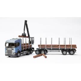 SCANIA R450 6x4 blauw met laadkraan en houttransportwagen Miniatuurr 