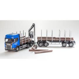 SCANIA CR 20H 6x4 blauw met dolly en 2 assige aanhanger voor houttransport Miniatuurr 