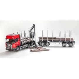 SCANIA CR20H 6x4 rood met laadkraan en houttransportwagen Miniatuurr 