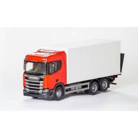 SCANIA CR 6x4 rood met opbouw en achterklep Miniatuurr 