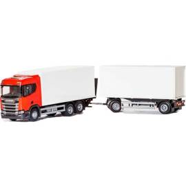 SCANIA CR 6x4 rood met 1 + 1 assige aanhanger en achterklep Miniatuurr 