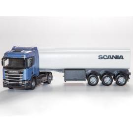 SCANIA R450 4x2 metallic blauw met 3 assige tankoplegger Miniatuurr 