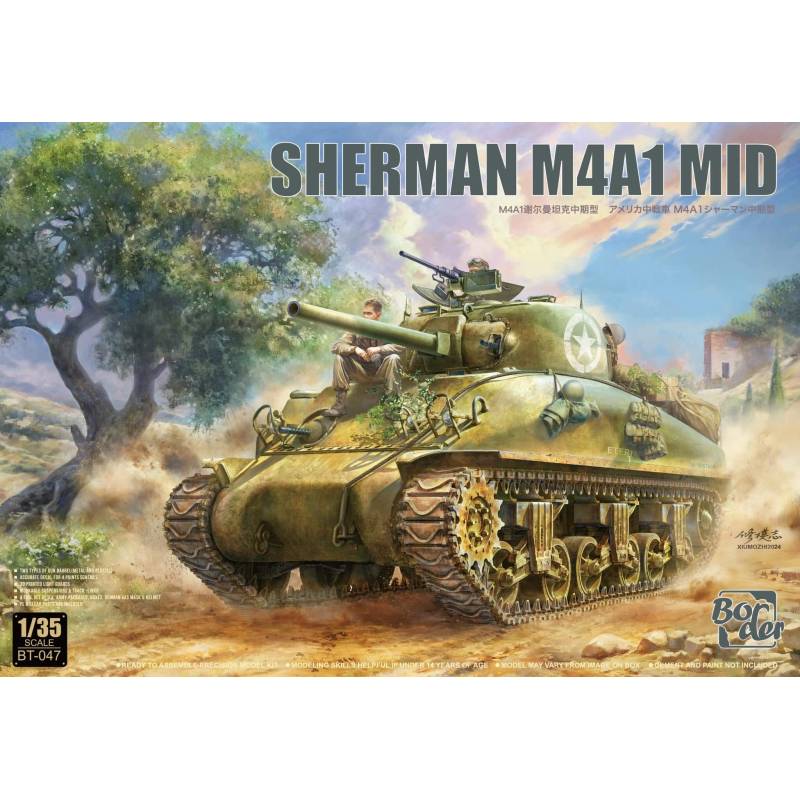 BORDER MODEL: 1/35; Sherman M4A1 Mid production with PE, metal barrel, 3D light guards and stowage Militaire modelbouw