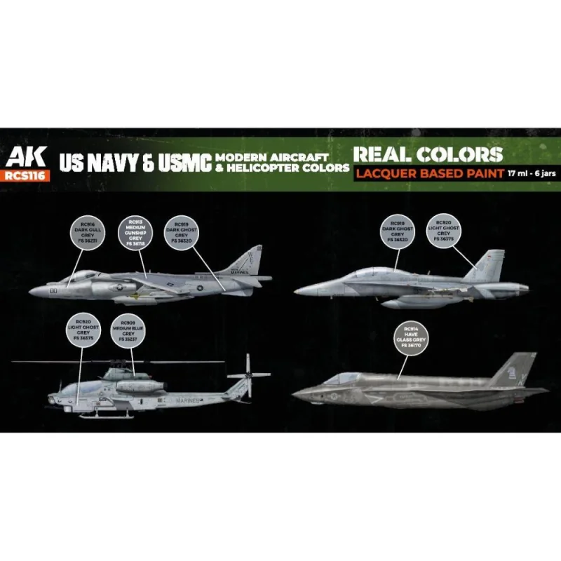 AK INTERACTIVE: Real Colors US Navy&USMC Modern Aircraft&Helicopter Colors SET Acrylverf voor modelbouw