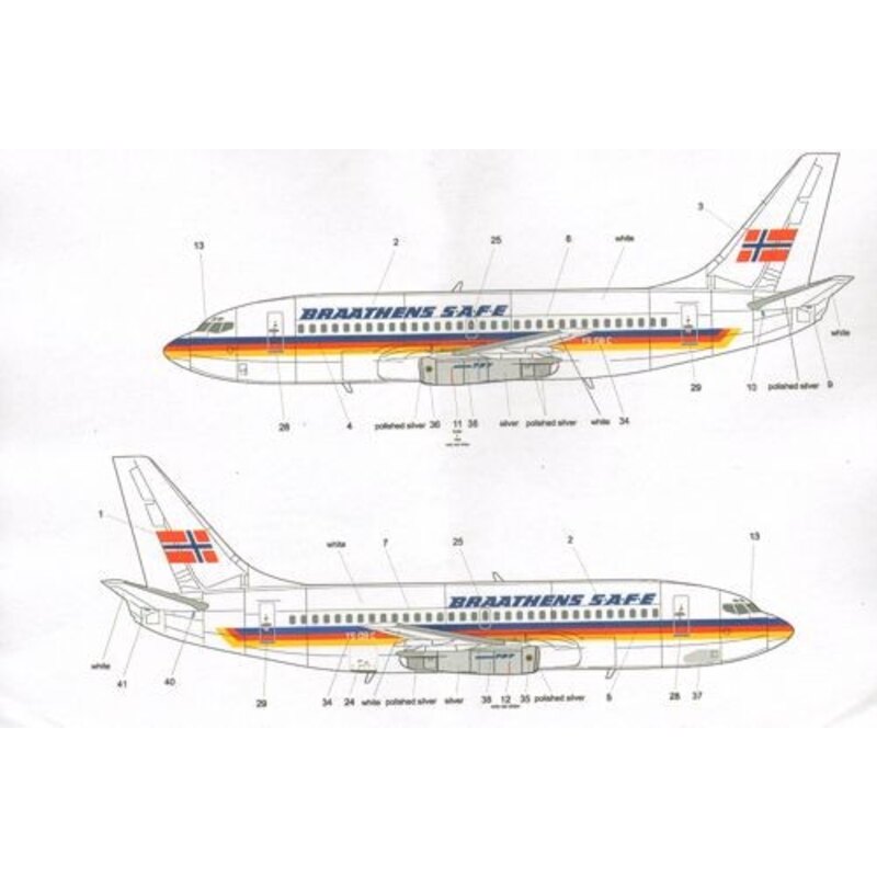 Braathens SAFE Boeing 737-200 LN-SUZ with VASP cheatline and YS-08-C in TACA colours. Includes cockpit windows for both Airfix a