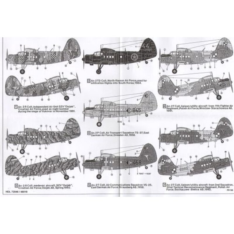 Antonov An-2 Colt (7) Croatian Air Force 1991; Croatian medevac 1992; Red 44 N. Korean Air Force all black; Black 845 E. German 