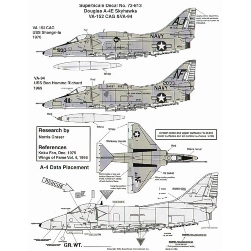 Douglas A-4E Skyhawk (2) 150001 AJ/500 VA-152 CAG USS Shangri-La; 152033 NF/411 VA-94 ′Sassy Sue′ USS Bon Homme Richard 1969