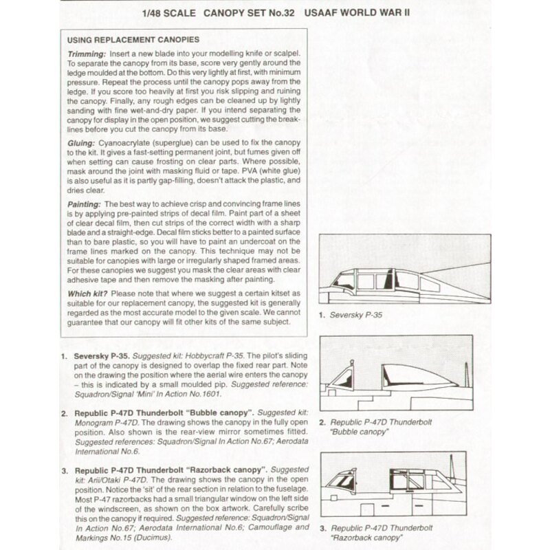 USAAF Fighters WWII. Seversky P-35 (designed to be assembled with model kits from Hobbycraft) Republic P-47D Thunderbolt Bubble 