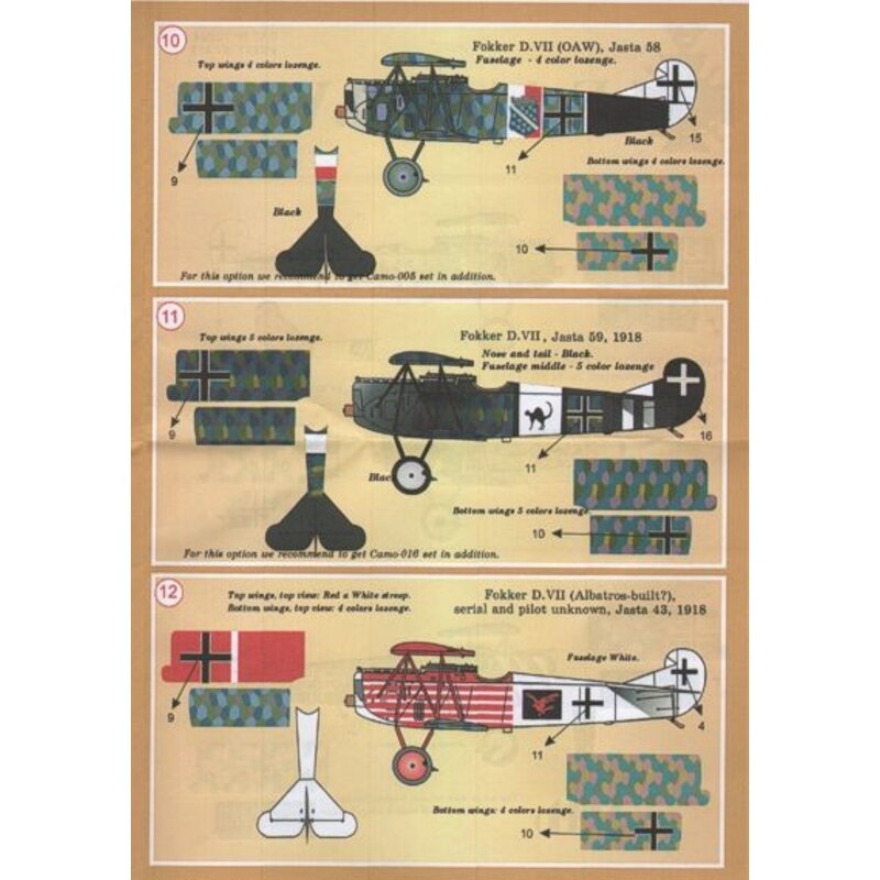 Fokker D.VII Pt 1 (12) Jasta 65 with group of igures on fuselage; Jasta 6 with black.white stripes on nose and tail; Jasta 10 ye