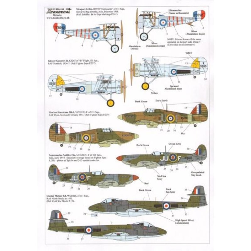 RAF 111 Squadron History 1918 - 2011 (9) Nieuport N.24 bis B3592 Reg. Grobby, Demoiselle, Palestine 1918; Gloster Gauntlet II 