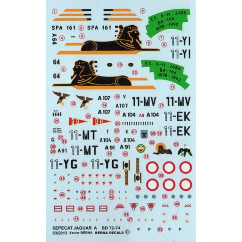 Sepecat Jaguar A: 11 EK-11-MT with 14 bombing mission markings, MV-11 with four bombing mission markings and one with a Matra Ma