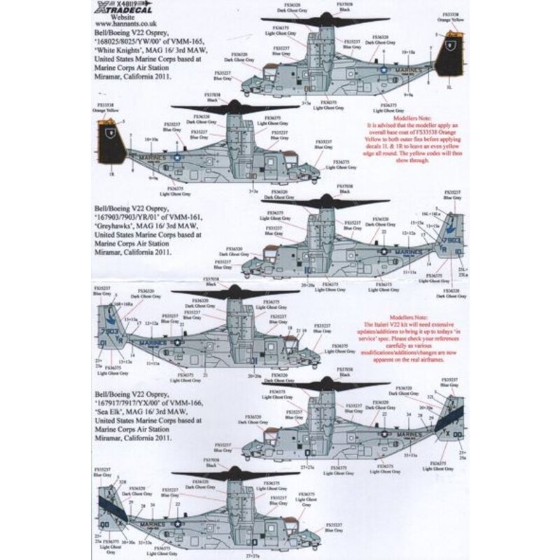 Bell-Boeing V-22 Osprey (3) 168025 YW/00 VMM-165 White Knights with black ends, VMM-161 167903 YR/01 Greyhawks with colored mark