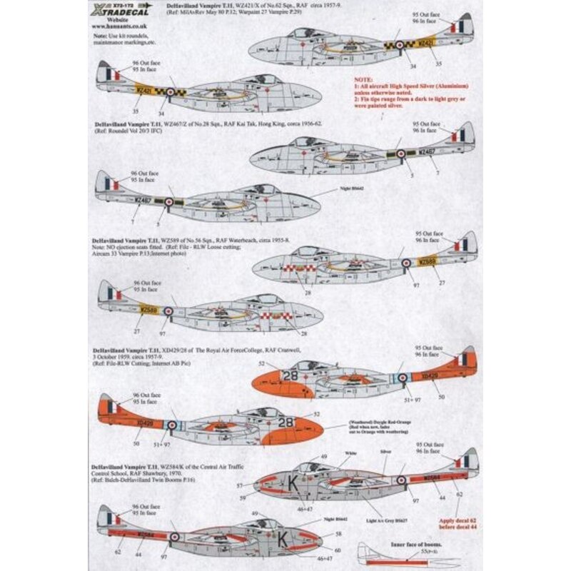 de Havilland Vampire T.11 UK Part 1 (14) WZ421 / X 62 Sqn 1957 WZ467 / Z 28 Sqn RAF Kai Tak, Hong Kong 1956 WX589 56 Sqn RAF Wat