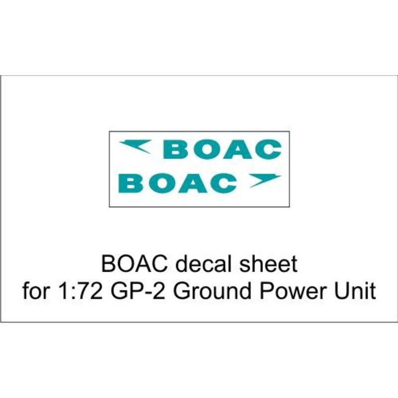 BOAC decal vel voor 1:72 GP-2 Ground Power Unit. Voor meer informatie over dit product, op de link klik om naar de vliegtuigen i