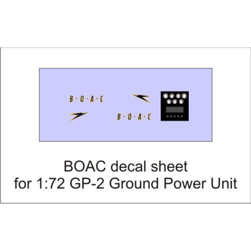 BOAC decal vel voor 1:72 GP-2 Ground Power Unit. Voor meer informatie over dit product, op de link klik om naar de vliegtuigen i