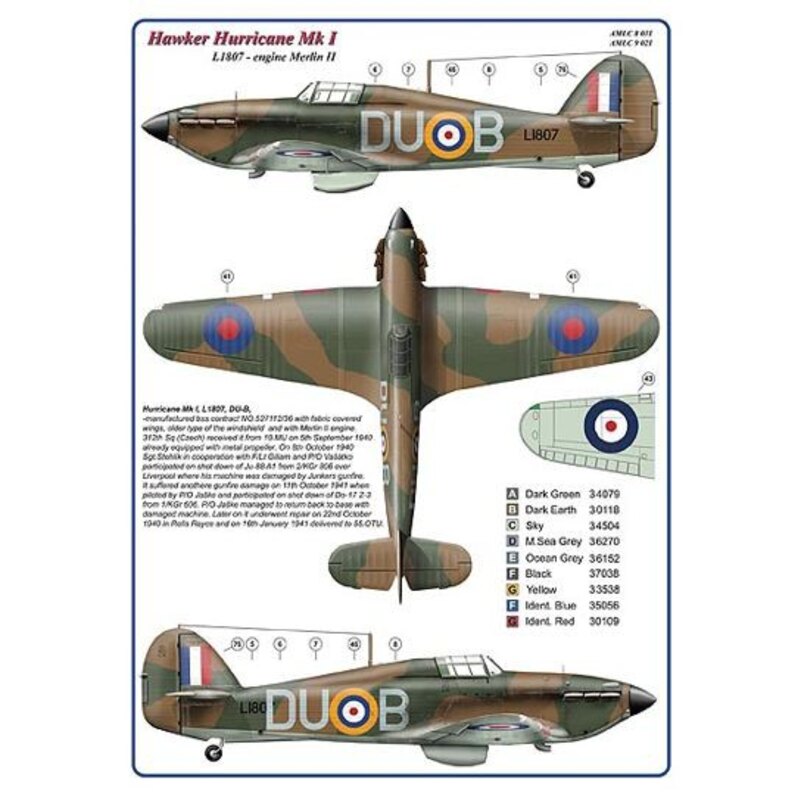 312 th Squadron RAF, Part III / 2 decal version: Hawker Hurricane Mk.I, L1807, DuoK + Supermarine Spitfire LF Mk.IXe, SL625, JT-