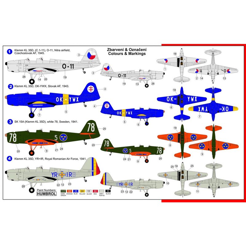 Klemm Kl-35D/Sk 15A In foreign service Decals for Czechoslovakia 1945 - Slovafia 1943, Sweden 1941, Romania 1941,