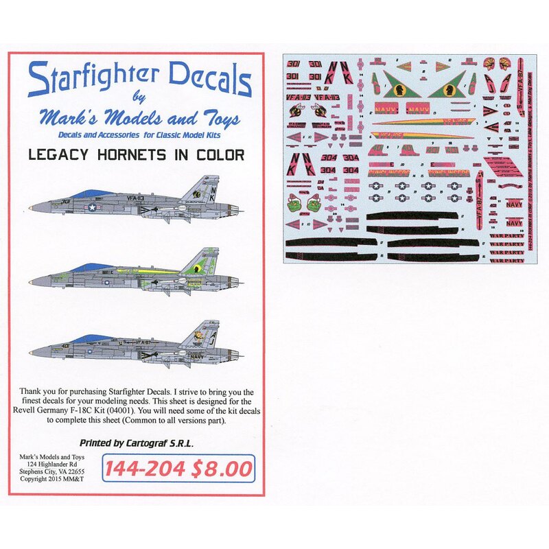 Legacy Hornets. For Revell kit RV4001 McDonnell-Douglas F/A-18C Hornet. Markings for 4 aircraft. Markings include:VFA-105 AC401 